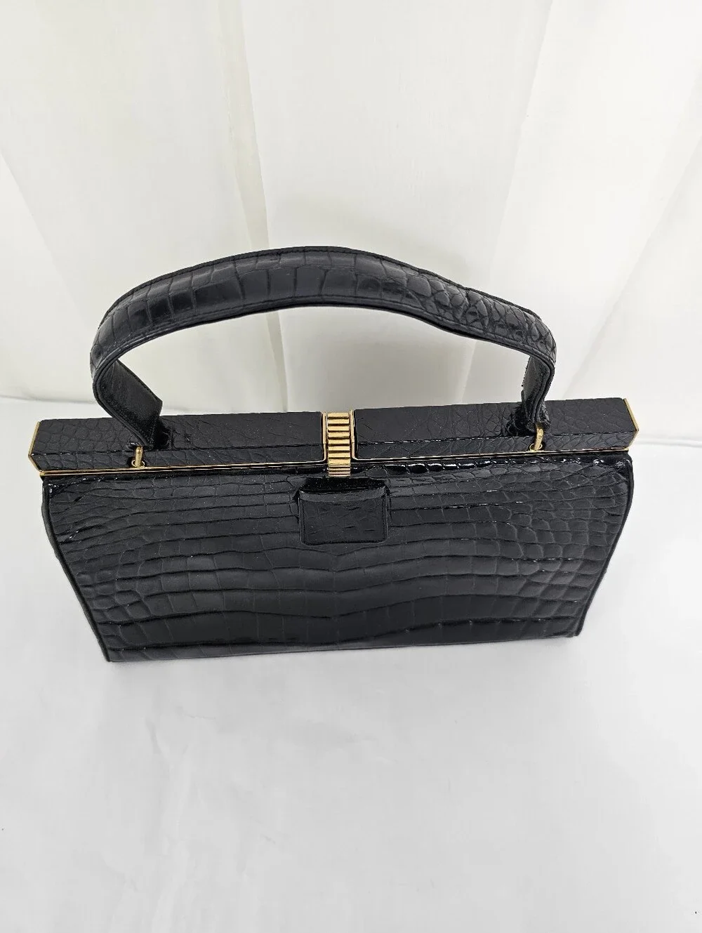 Vintage Rendl New York 1960s Original Black Alligator Top Handle Frame Bag